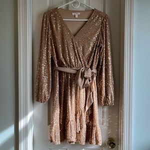LC Lauren Conrad Faux-Wrap Fit & Flare Dress, small, tan/rose gold, long sleeves